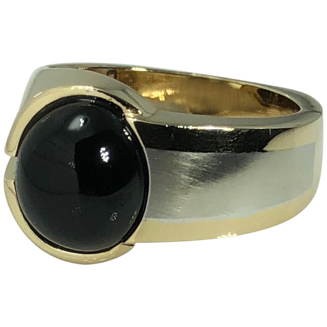 Men's 14 Karat White and Yellow Gold Onyx Contemporary Ring For Sale
