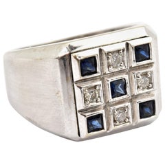 Men
s 14 Karat White Gold, Diamond and Sapphire Checkered Ring