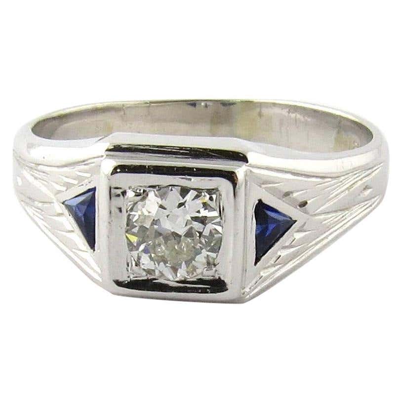 Men's 14 Karat White Gold Diamond and Sapphire Ring at 1stDibs | mens ...