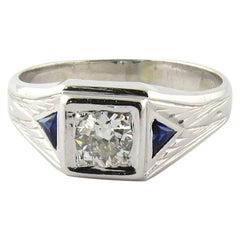 Vintage Men's 14 Karat White Gold Diamond and Sapphire Ring