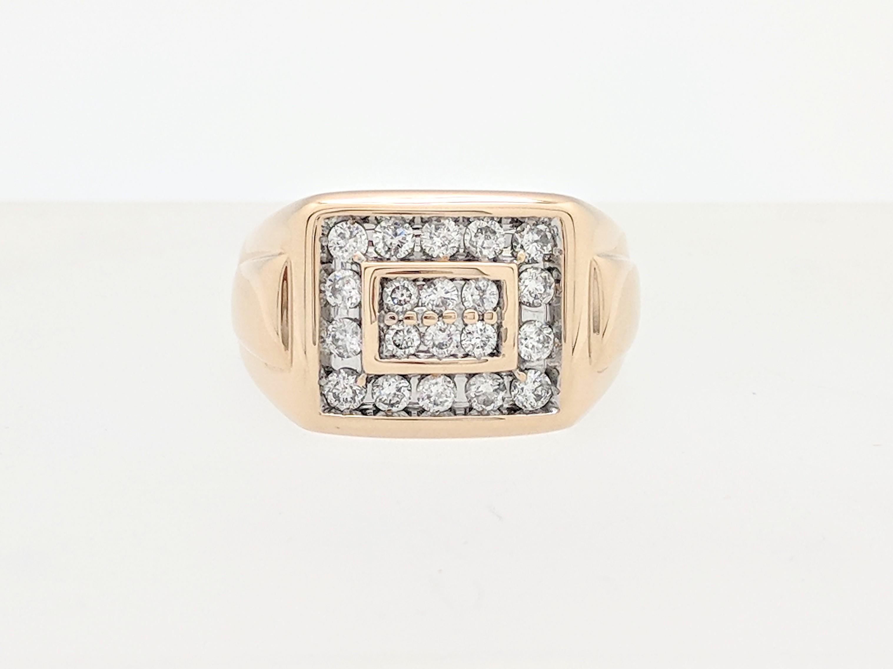 You are viewing a men's diamond cluster ring hand ring. This ring is crafted from 14k yellow gold and weighs 12.4 grams. It features (20) .05ct round natural brilliant cut diamonds for an estimated 1 carat total weight. We estimate the diamonds to
