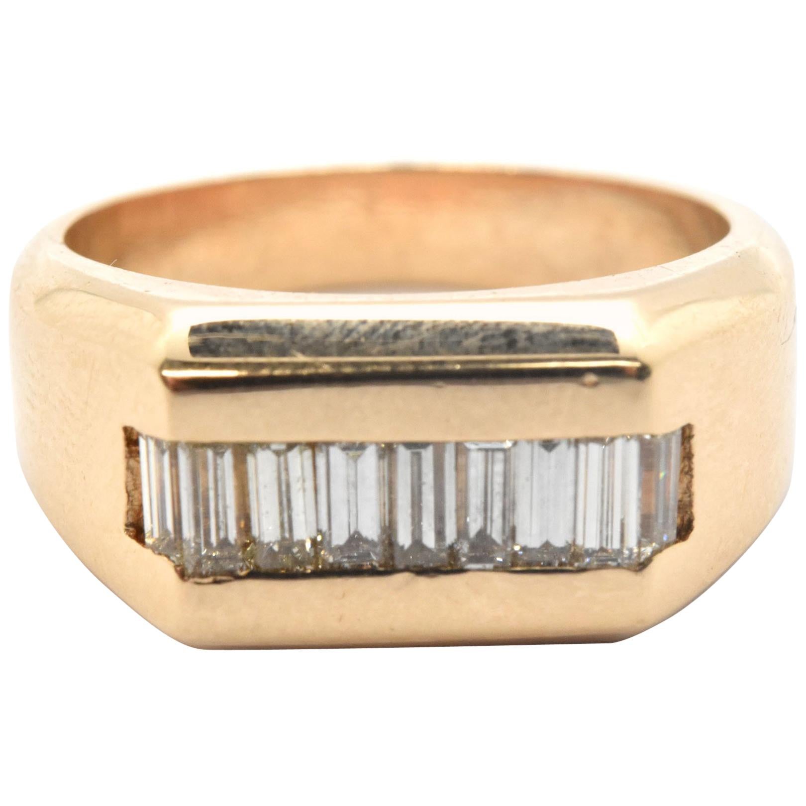 Mens 14 Karat Yellow Gold and 0.45 Carat Baguette Diamond Band Ring