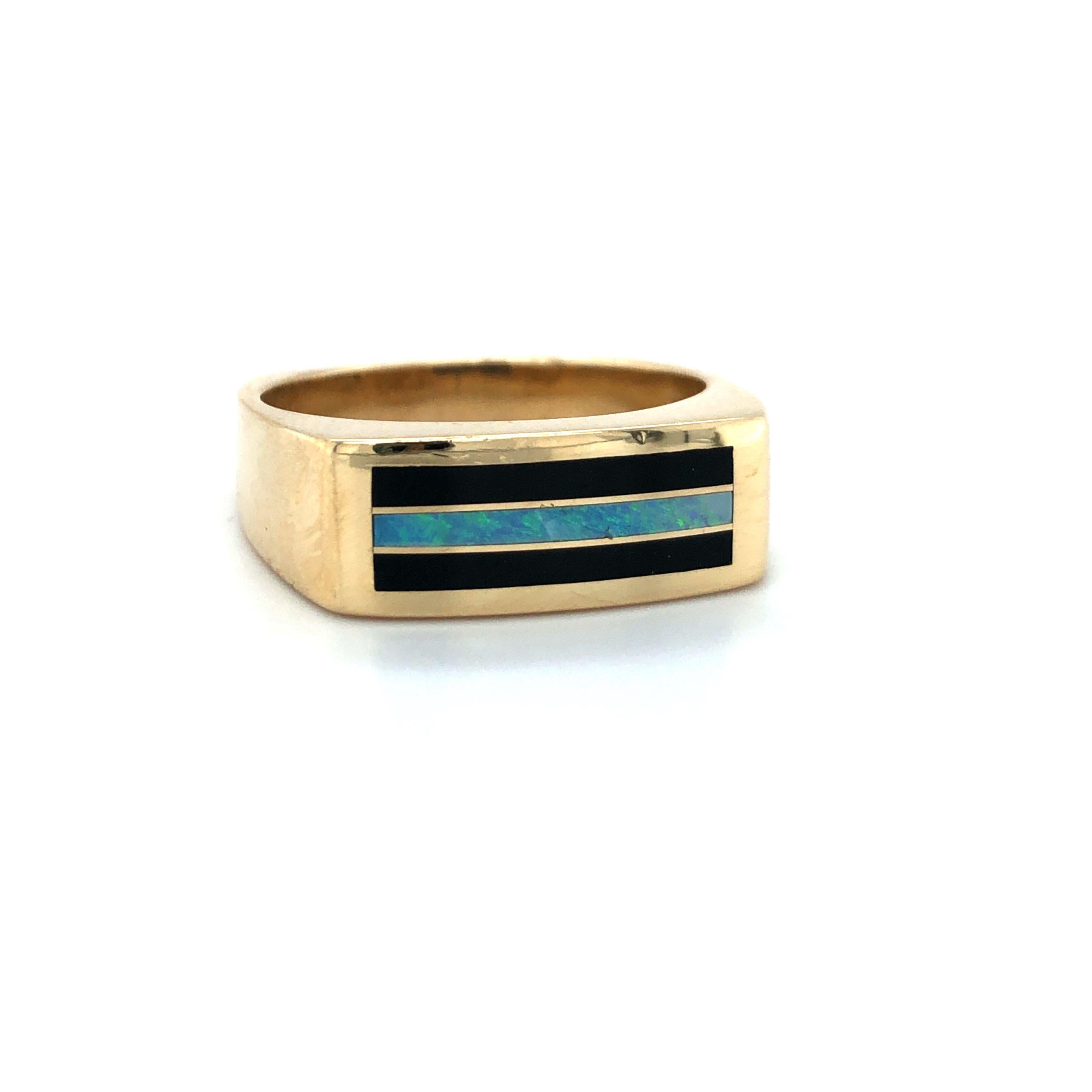 Men's 14k Yellow Gold Opal and Onyx Inlay Men's Squared Band Ring Size 10

Condition:  Good Condition
Metal:  14k Gold (Marked, and Professionally Tested)
Weight:  10g
Gemstones:  Inlaid Opal and Black Onyx
Markings:  