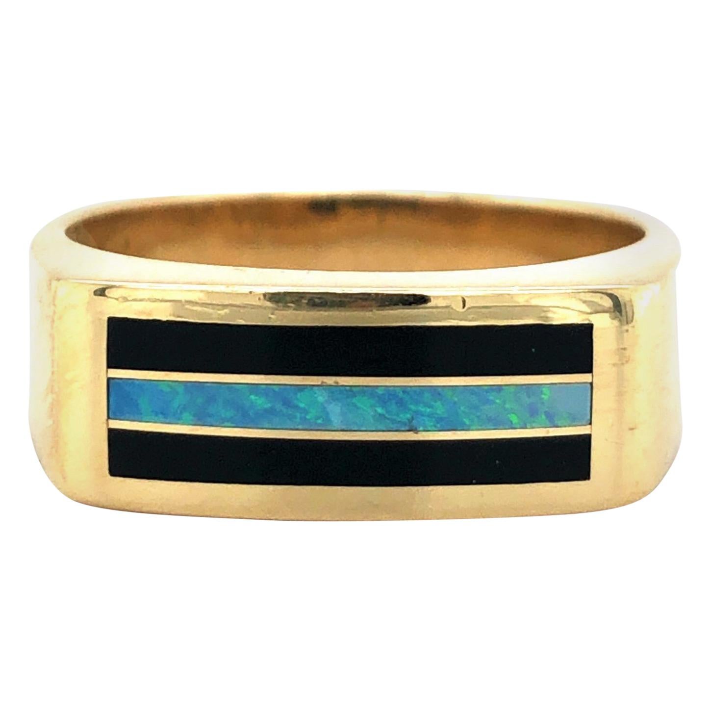Men
s 14 Karat Yellow Gold Opal and Onyx Inlay Men
s Squared Band Ring
