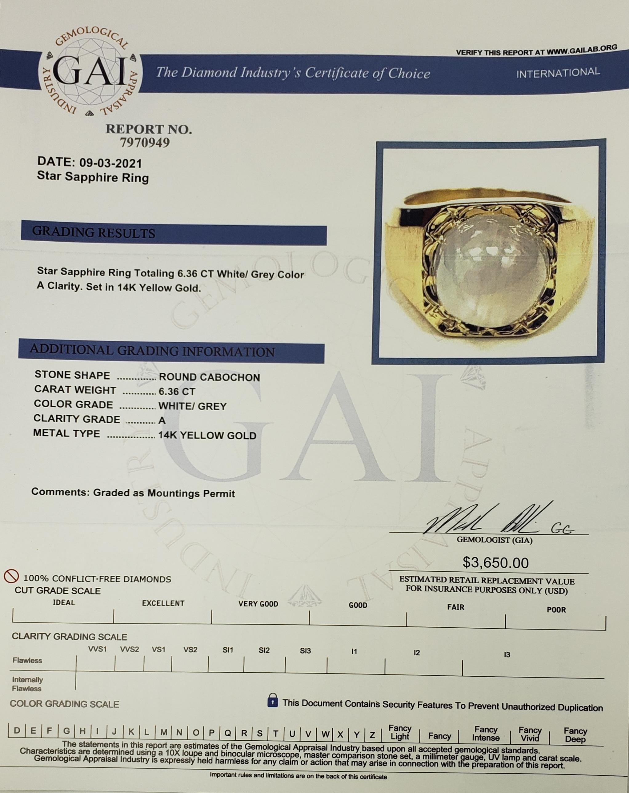 Men's 14 Karat Yellow Gold White Star Sapphire Ring GAI Certified 2