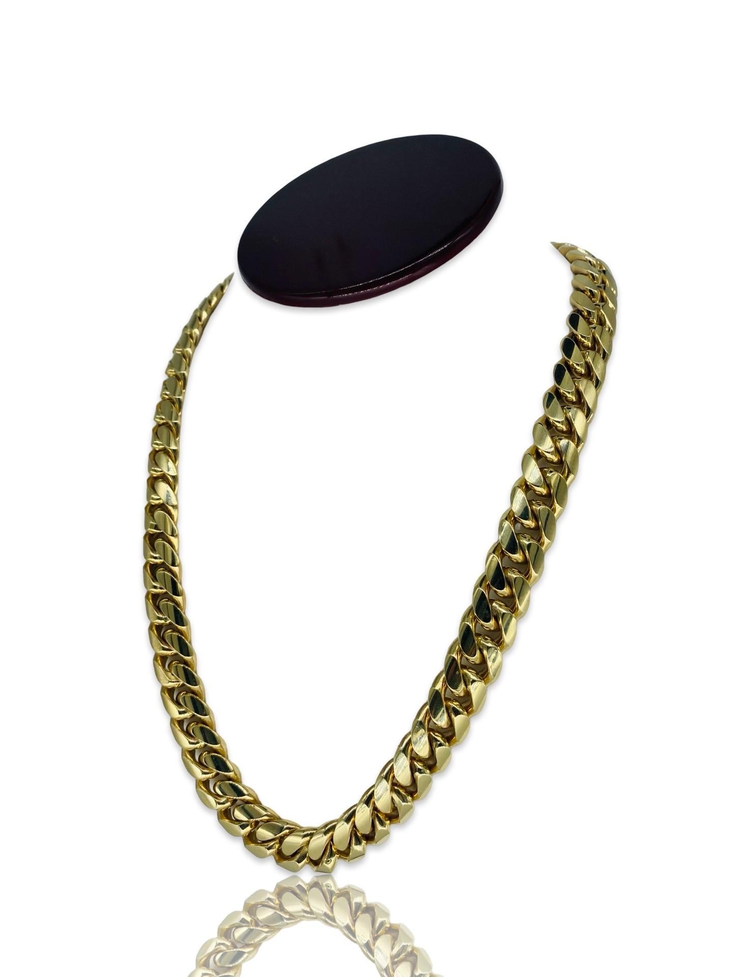 Men’s 14.25mm Miami Cuban Link Chain 10k Solid Gold 22 Inch. Heavy solid gold chain weights 303g with strong box lock for maximum security. 