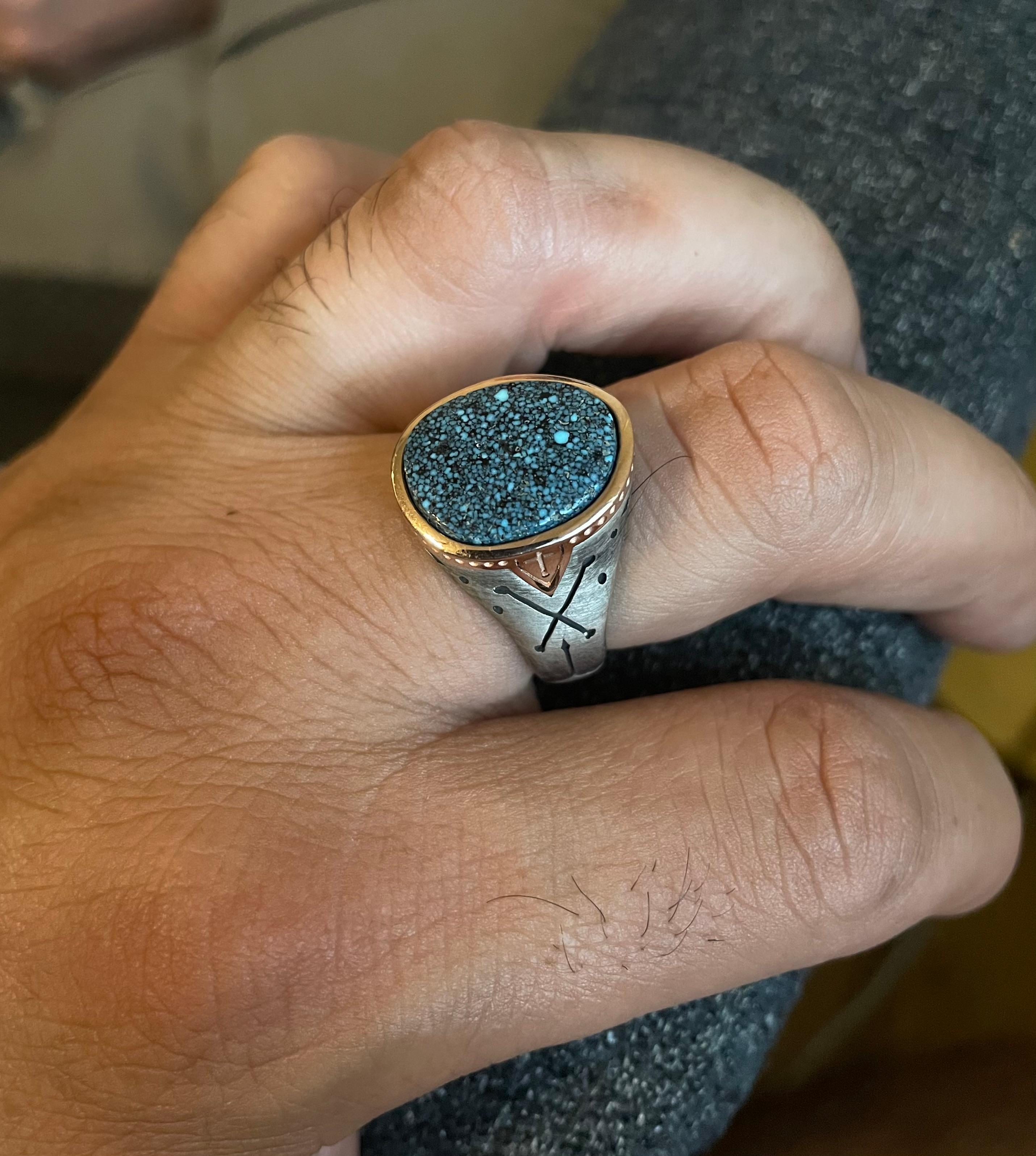 Modern 14ct Rose Gold & Oxidized Silver Black Webbed Kingman Turquoise Ring