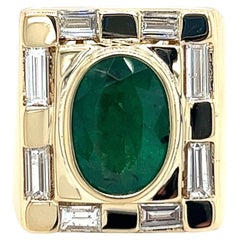 Vintage Mens 14k Gold Bezel Set 4 Carat Oval Cut Natural Emerald & Baguette Diamond Ring