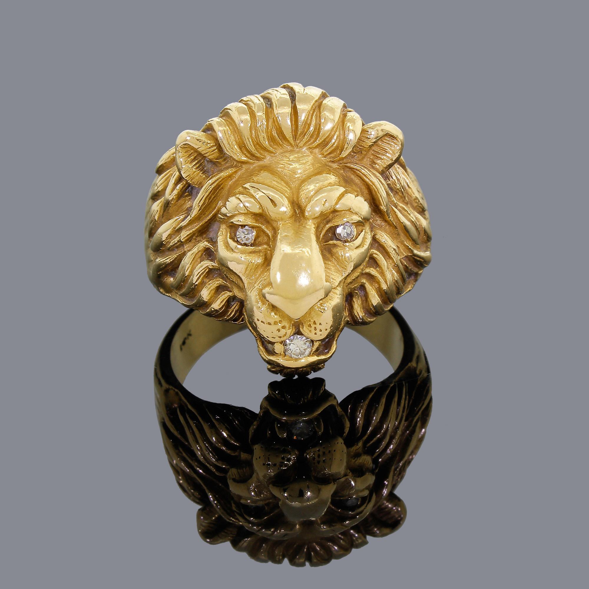 Men's 14 Karat Gold and Diamond Ring Majestic Lion Leo Cat Heavy 17.60G 2