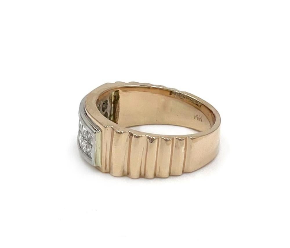 Men's 14K Rose & White Gold Ring, Two Row Princess Cut Diamonds 1.45 Carats For Sale 1