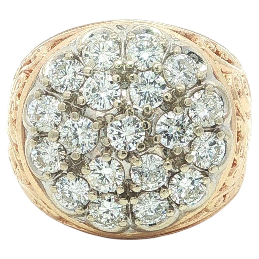 Men's 14k Solid Gold 3ctw Diamond Cluster Open Work Sides Ring For Sale