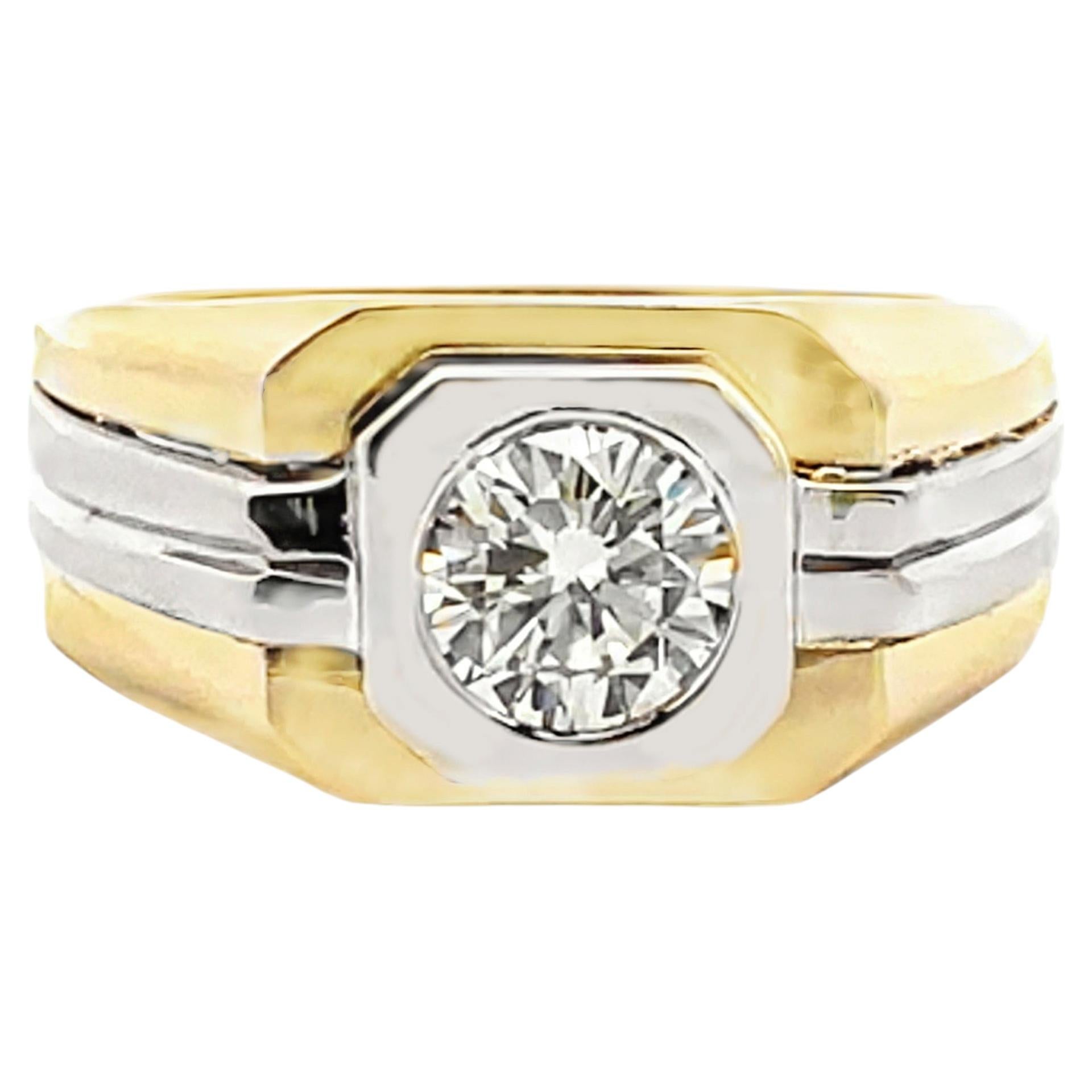 Herren 14K zwei Ton Solitär Ring mit Lünette Set 1,05 Karat runden Diamanten