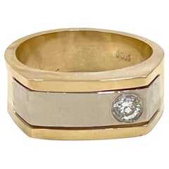 Men's 14K White and Yellow Gold Two Tone Wide Ring, One Round Diamond 0.25 Cts