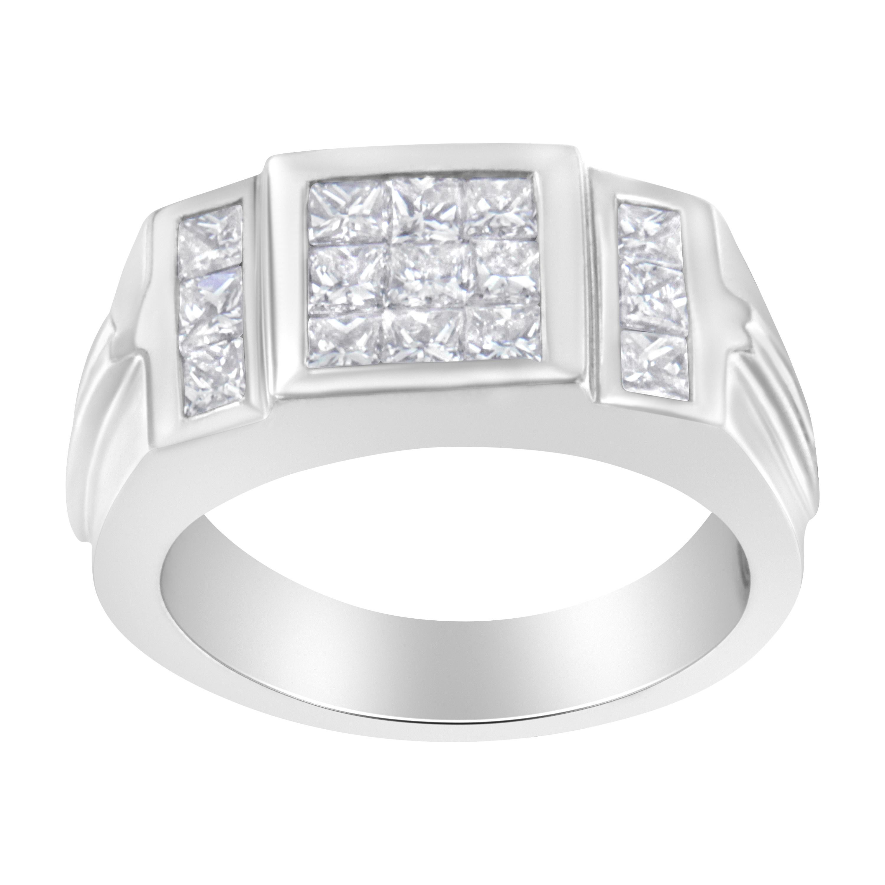 Your love for him will radiate in this unique and stylish diamond ring. Classy and appealing, the ring is created with 14 karats white gold and buffed high to shine brilliantly. It captures the gleaming princess cut diamonds that makes this ring to