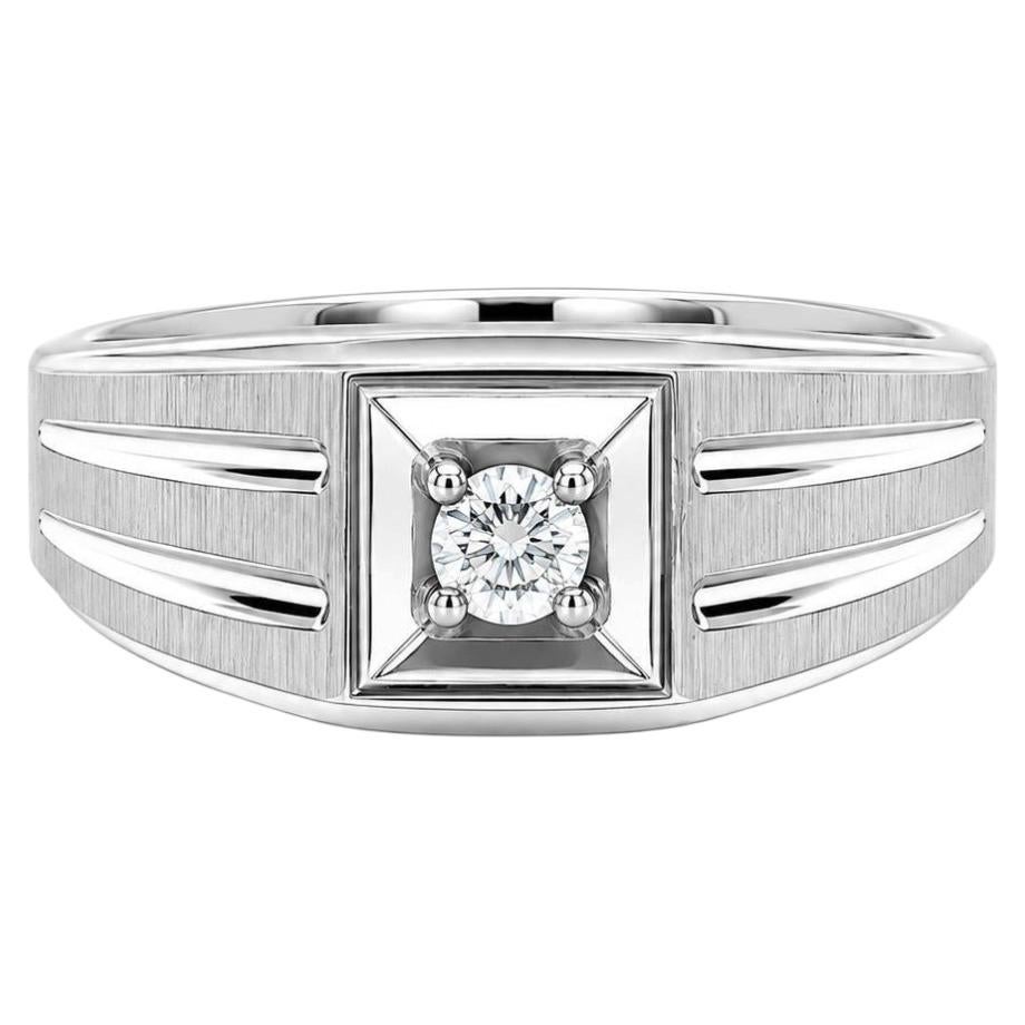Men's 14k White Gold Diamond Solitaire Grooved Polished & Matte Finish Band Ring