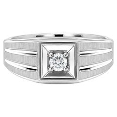 Anello da uomo in oro bianco 14k con diamante solitario, con fascia scanalata e finitura lucida e opaca