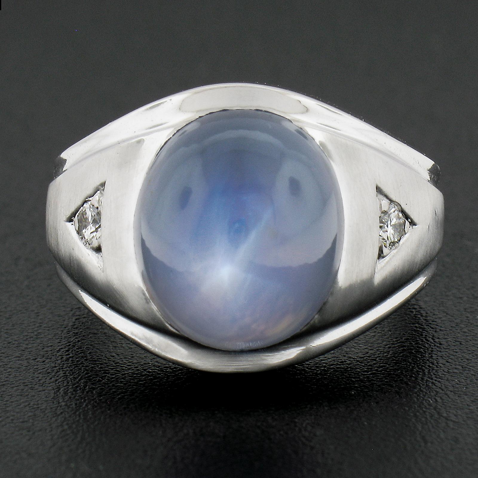 Oval Cut Mens 14k White Gold Gia Graded 14.08ct No Heat Star Sapphire & Diamond Ring