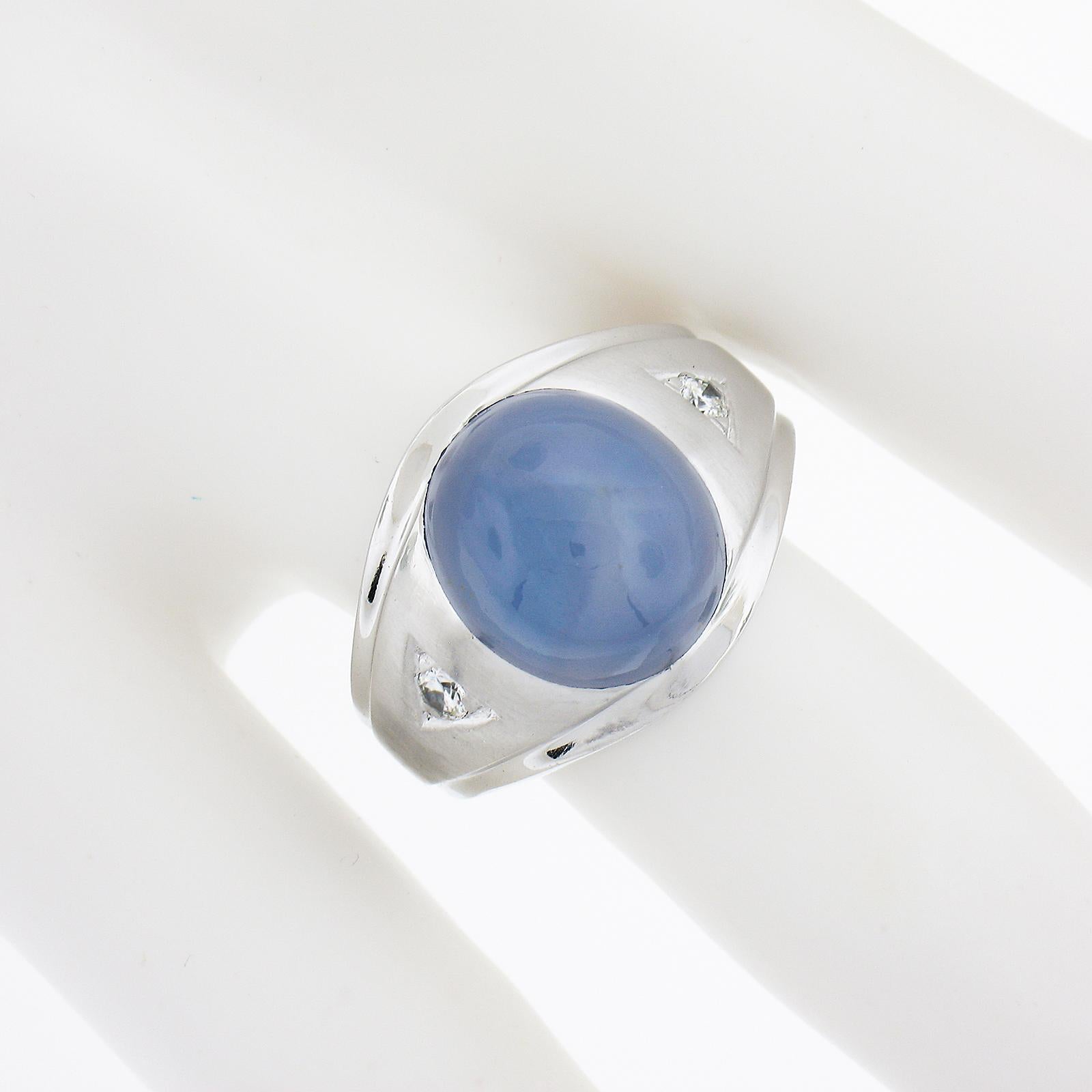 Mens 14k White Gold Gia Graded 14.08ct No Heat Star Sapphire & Diamond Ring In Good Condition In Montclair, NJ