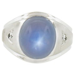 Mens 14k White Gold Gia Graded 14.08ct No Heat Star Sapphire & Diamond Ring