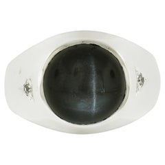 Men's 14k White Gold GIA Graded Bezel Black Star Diopside & Diamond Ring