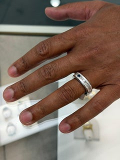 Men's 14K White Gold Ring with Princess Cut Diamond Row and Round Blue Sapphire