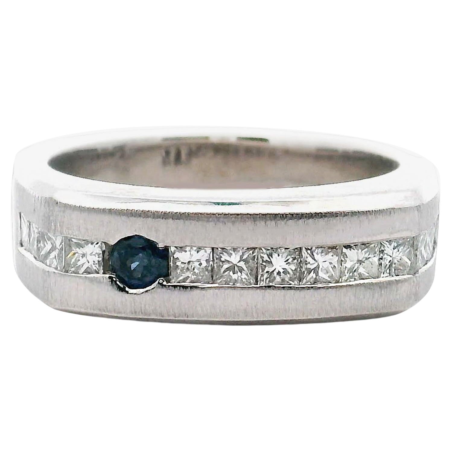 Men's 14K White Gold Ring with Princess Cut Diamond Row and Round Blue Sapphire