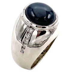 Retro Men's 14K White Gold Star Sapphire Ring with Diamonds