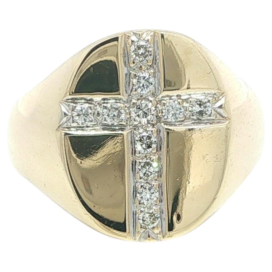 Herren 14k Gelbgold 0,20ctw Runde Pave Diamant Kreuz Signet Oval Ring