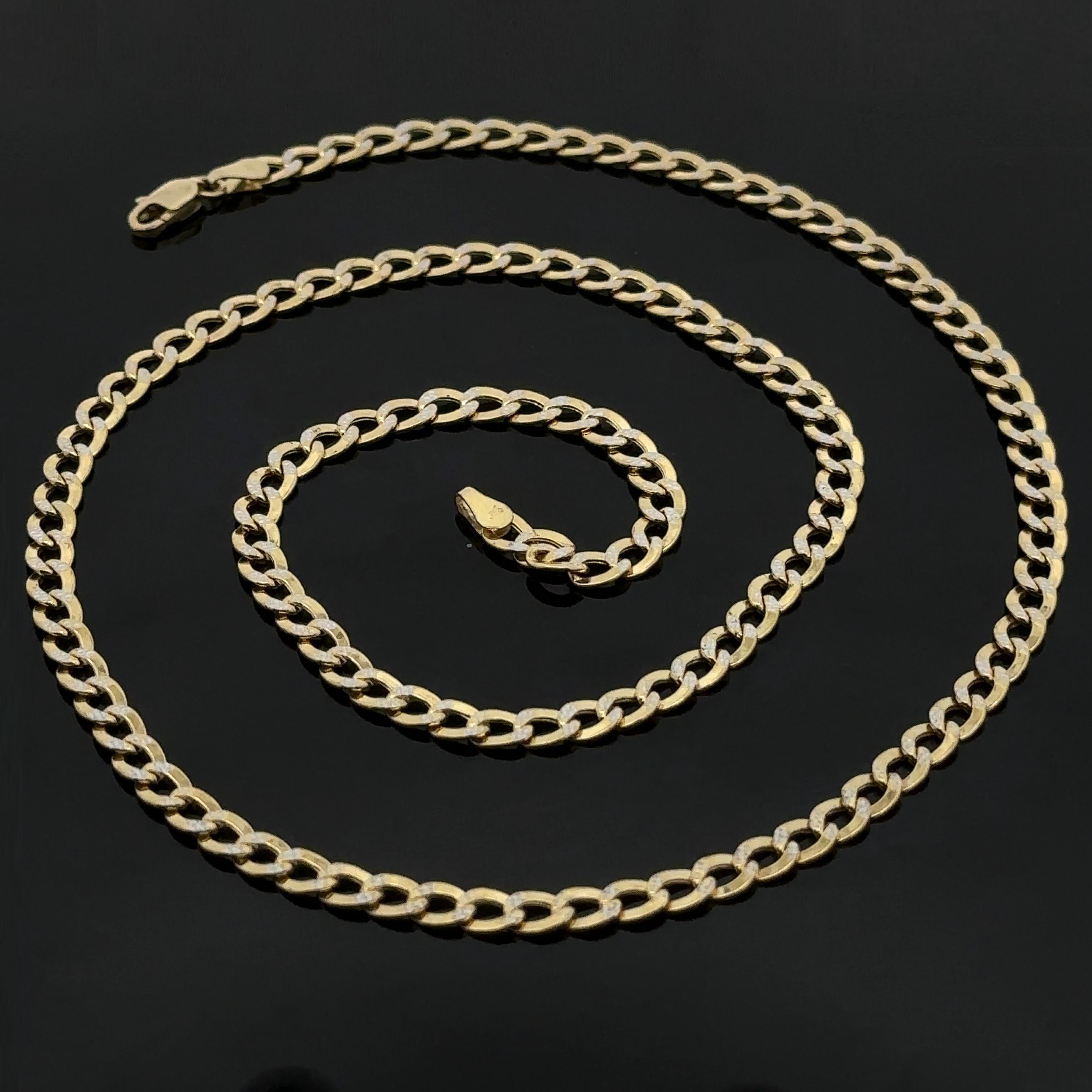 Material: Solid 14k Yellow & White Gold accents by the diamond cutting
Weight: 8.5 Grams 
Type: 1.3mm Diamond Cut Texture Curb Link
Length: 22