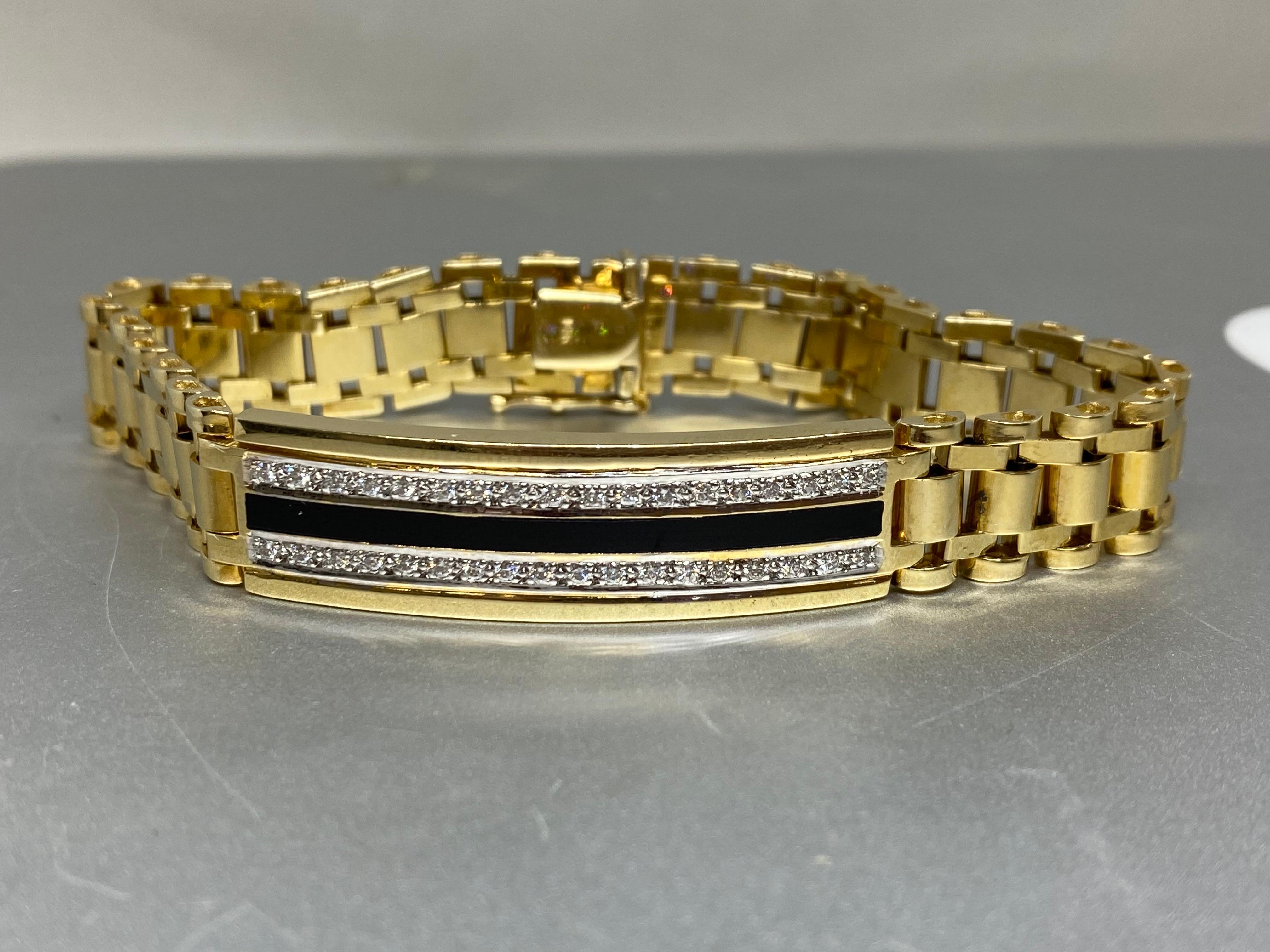 Modern Mens 14k Yellow Gold, Diamond & Enamel Jubilee Watch Link Bracelet For Sale