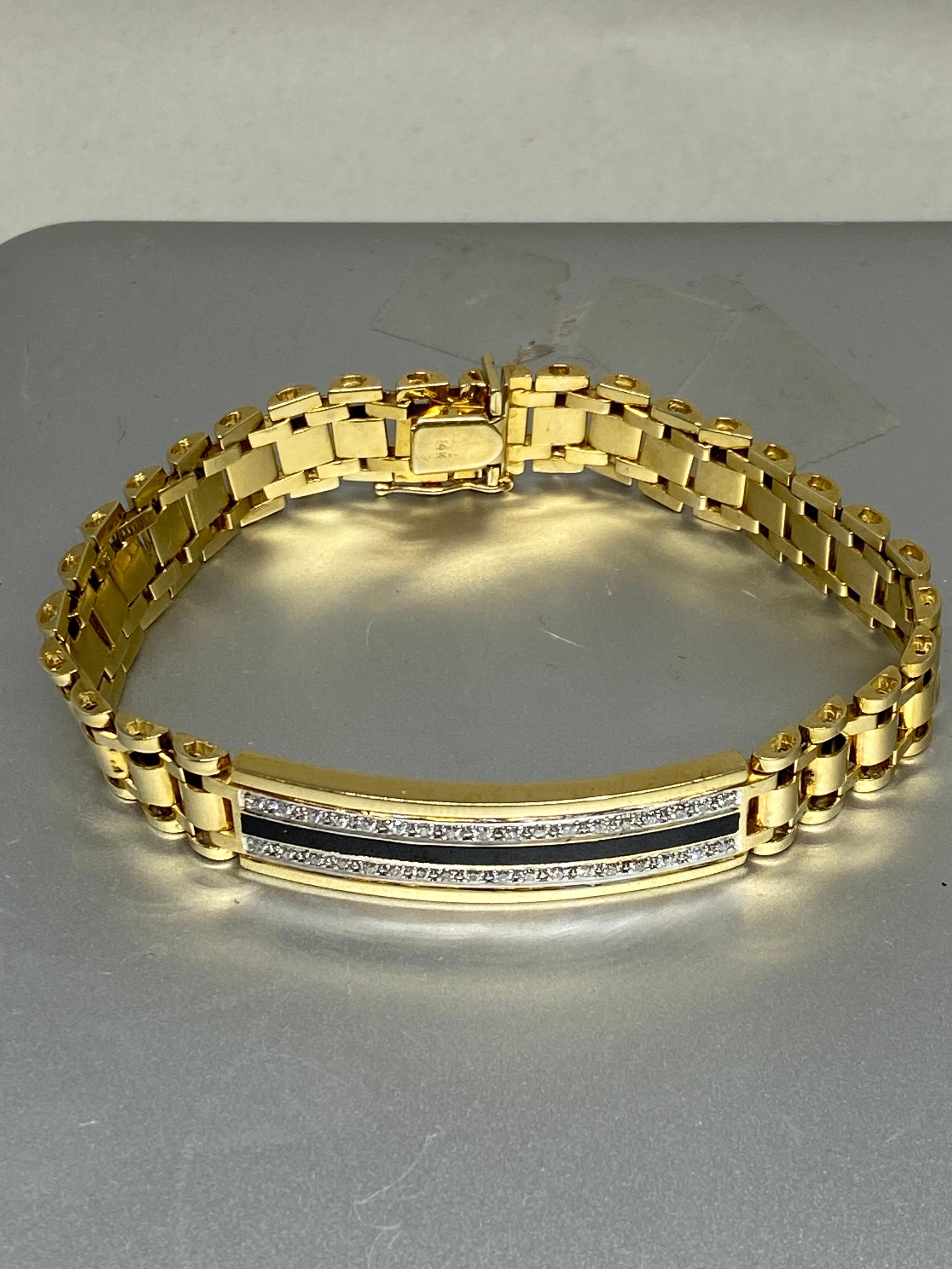 Round Cut Mens 14k Yellow Gold, Diamond & Enamel Jubilee Watch Link Bracelet For Sale