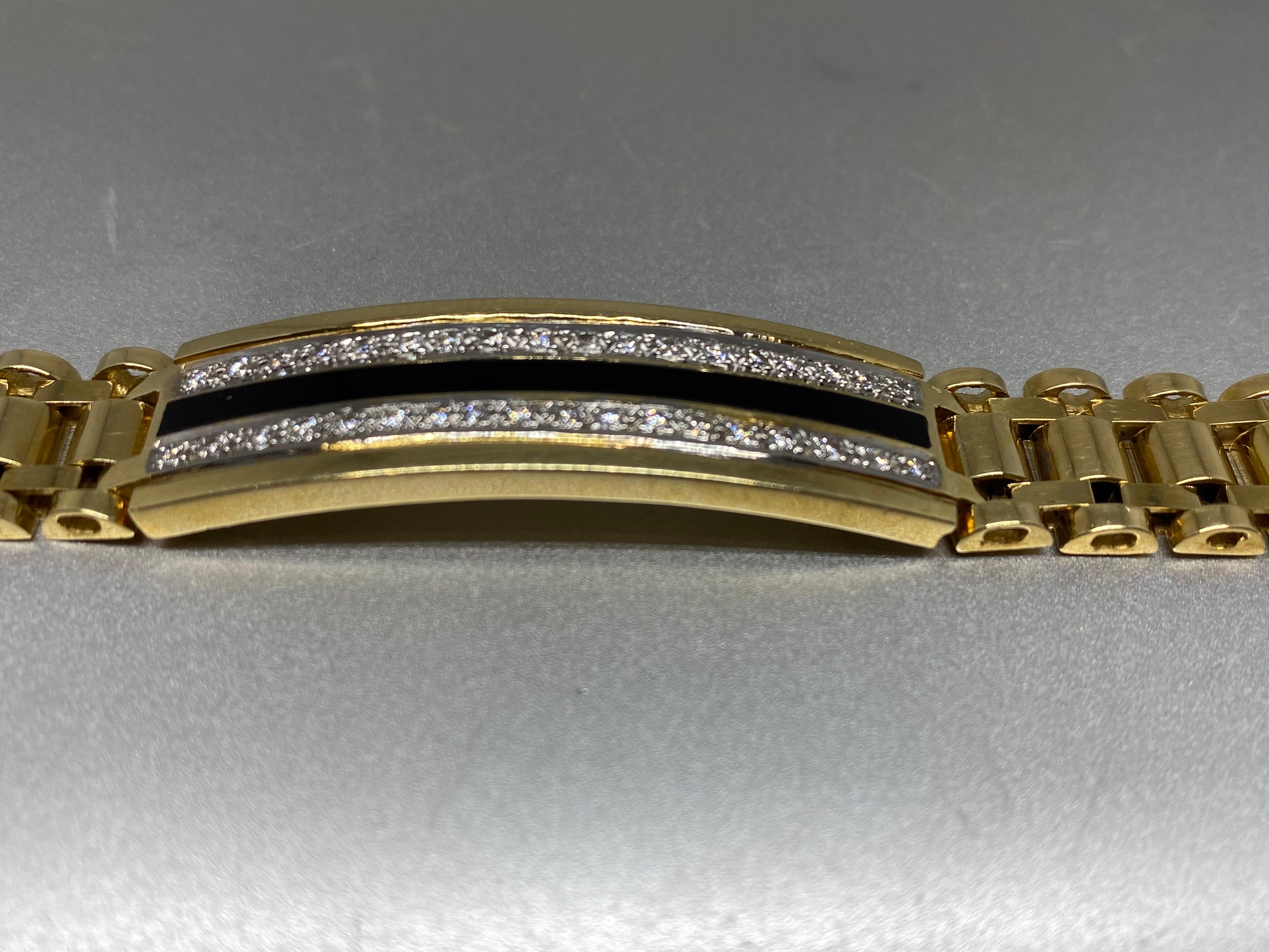 Mens 14k Yellow Gold, Diamond & Enamel Jubilee Watch Link Bracelet In Good Condition For Sale In Bernardsville, NJ