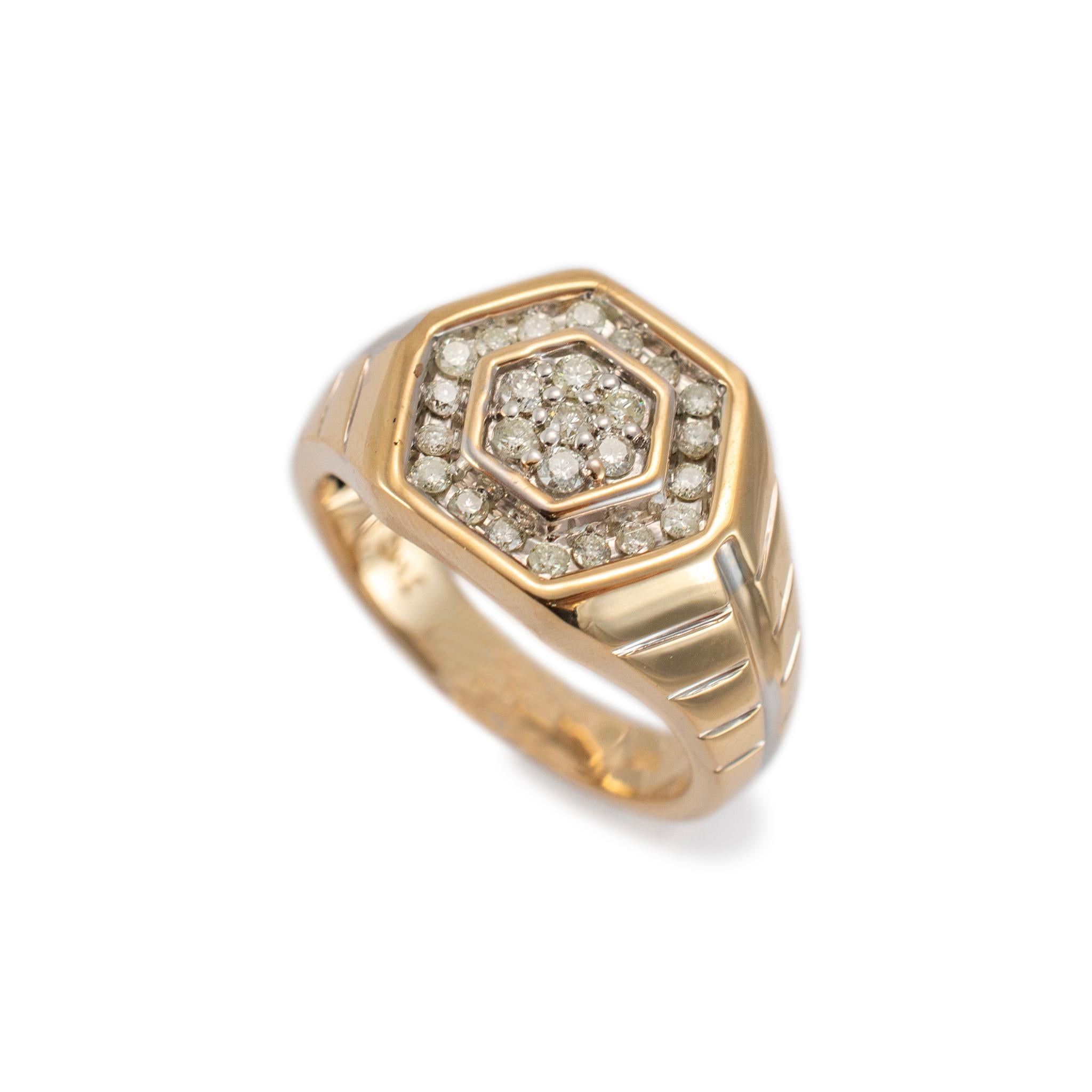 Gender: Men

Metal Type: 14K Yellow Gold

Ring Size: 10

Width: 13.85 mm Tapering to 3.80 mm

Weight: 8.83 grams

One men's 14K yellow gold diamond cocktail ring with a tapered comfort-fit shank. The metal was tested and determined to be 14K yellow