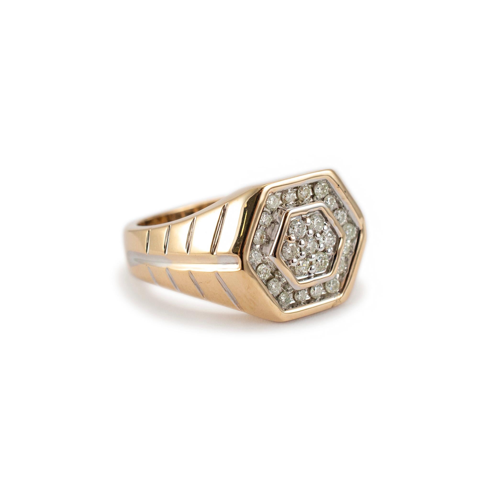 Round Cut Men’s 14K Yellow Gold Hexagon Shaped Diamond Cocktail Ring