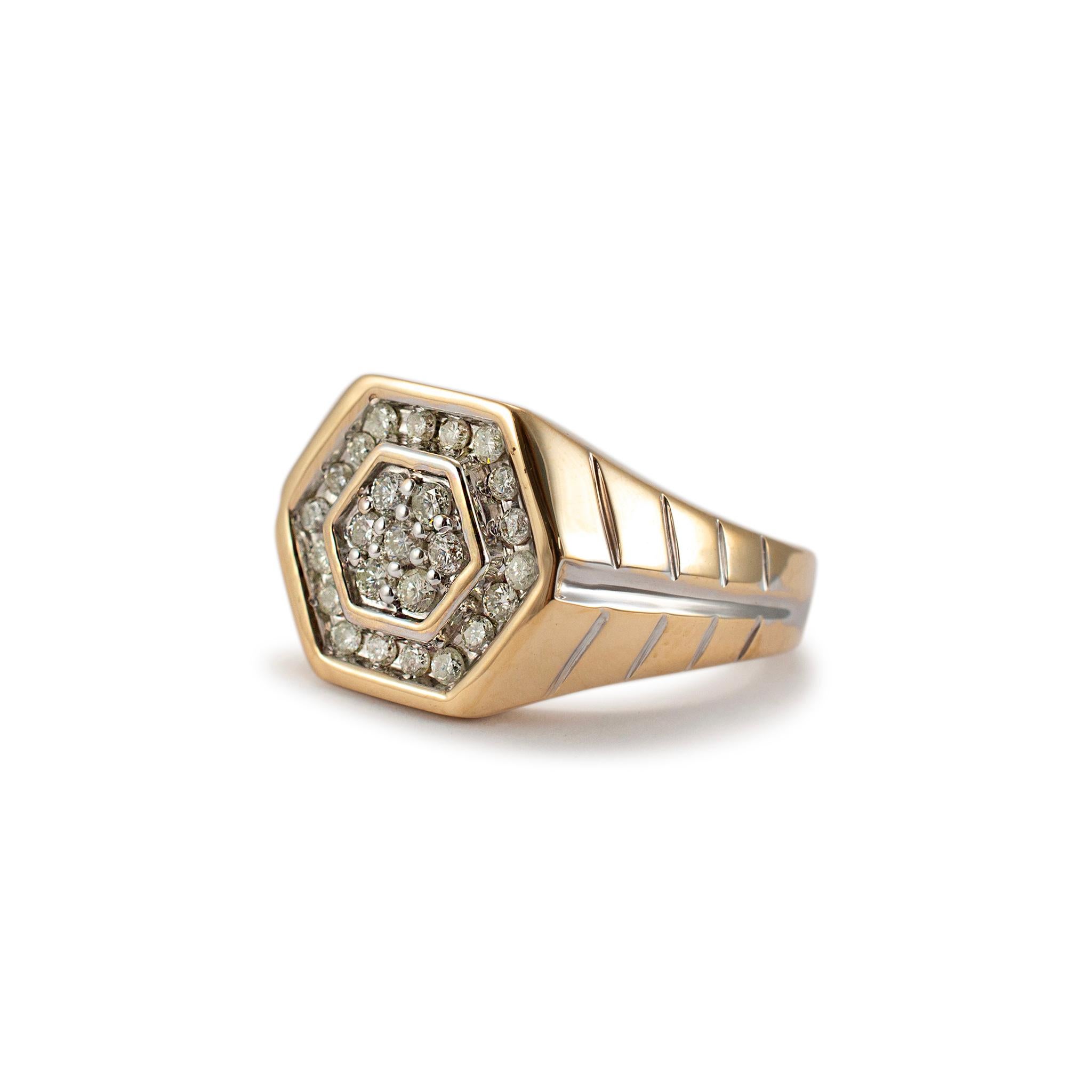 Men’s 14K Yellow Gold Hexagon Shaped Diamond Cocktail Ring In Excellent Condition In Houston, TX