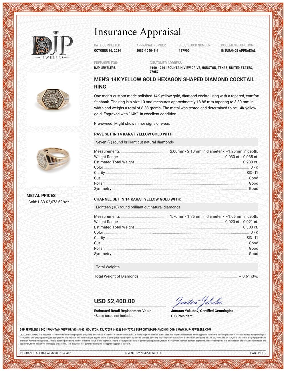 Men’s 14K Yellow Gold Hexagon Shaped Diamond Cocktail Ring 4