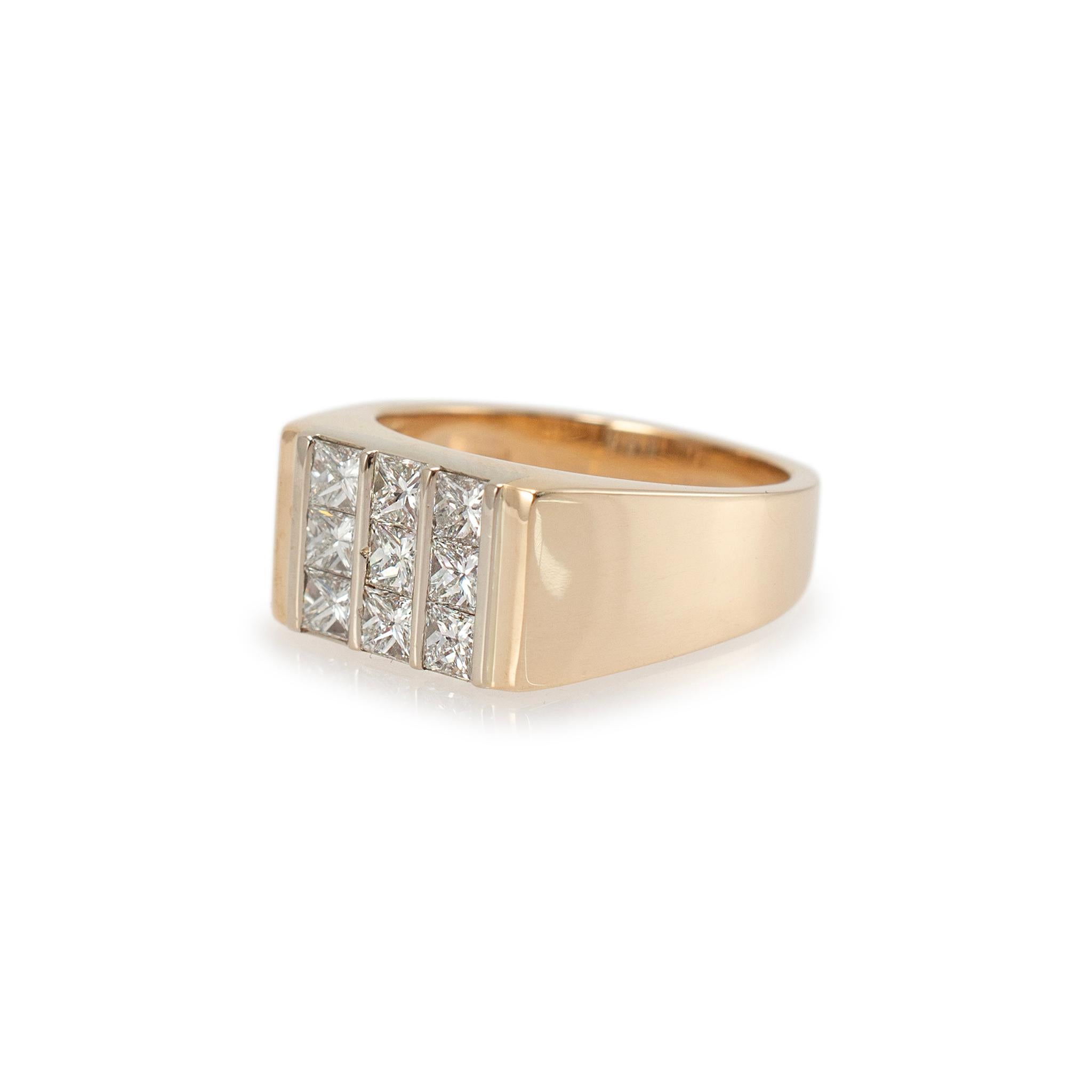 Men’s 14K Yellow Gold Invisible Set Princess Cut Diamond Band Ring In Excellent Condition In Houston, TX