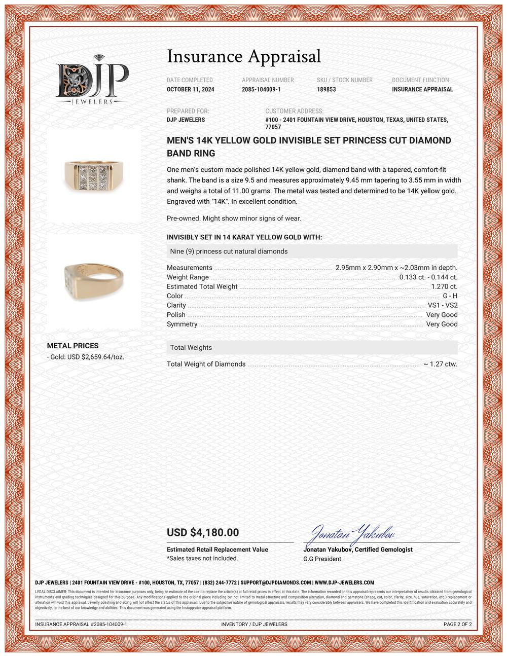 Men’s 14K Yellow Gold Invisible Set Princess Cut Diamond Band Ring 3