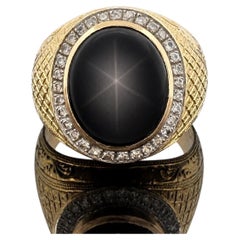 Herrenring aus 14-karätigem Gelbgold mit natürlichem schwarzem Sternsaphir und Diamanten, Größe 12,5, 16,5 g