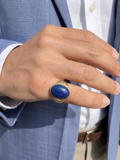 Men's 14k Yellow Gold Oval Cabochon Lapis Diamond & Blue Stone Sides Ring
