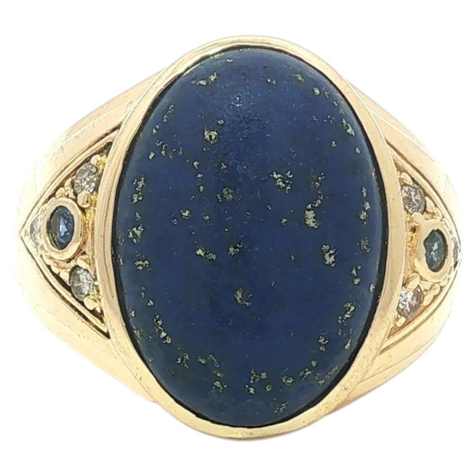 Men's 14k Yellow Gold Oval Cabochon Lapis Diamond & Blue Stone Sides Ring