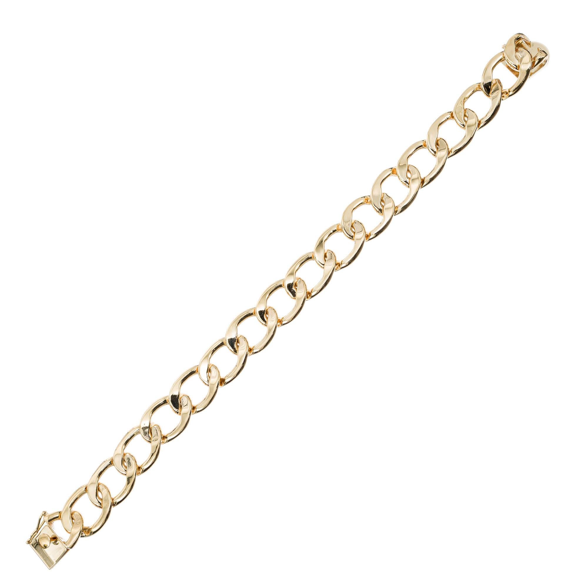 Custom made solid 14k yellow gold oval link men's bracelet. Circa 1960's. 8 inches. 

14k yellow gold 
Stamped: 14k
49.2 grams
Bracelet: 8 Inches
Width: 13.1mm 
Thickness/depth: 3.1mm
