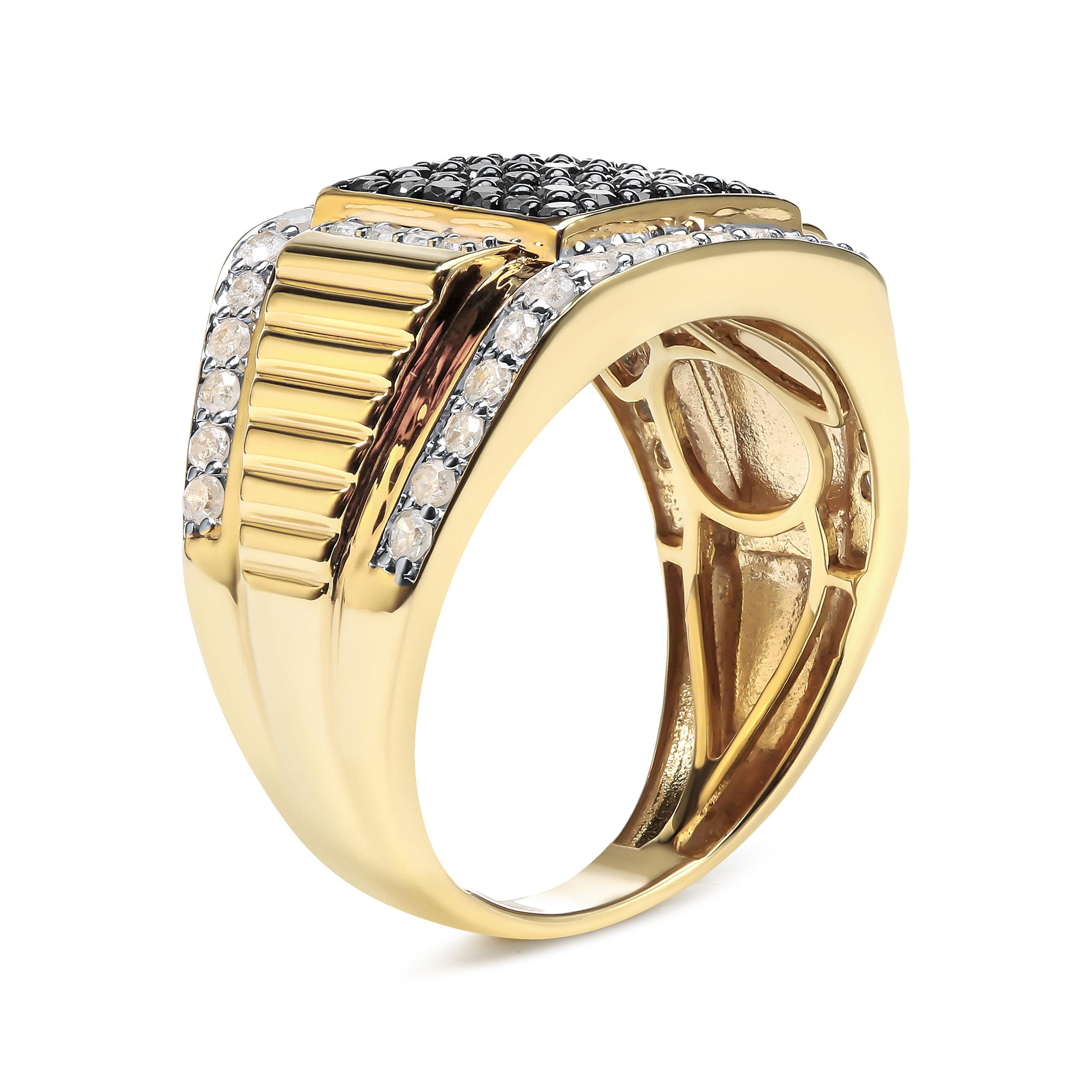 Modern Men's 14K Yellow Gold over Silver 1 1/2 Carat White & Black Diamond Cluster Ring For Sale