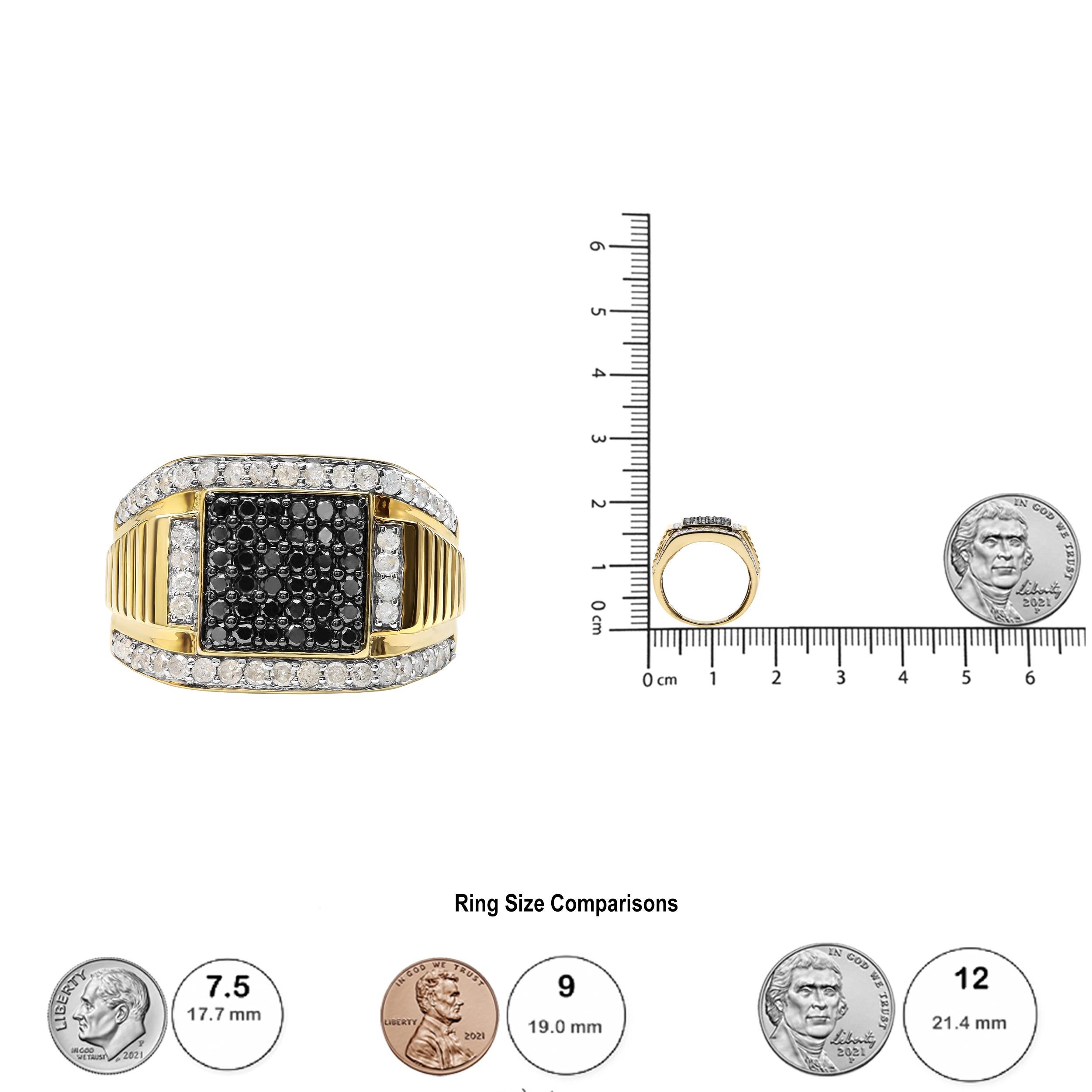 Men's 14K Yellow Gold over Silver 1 1/2 Carat White & Black Diamond Cluster Ring For Sale 1
