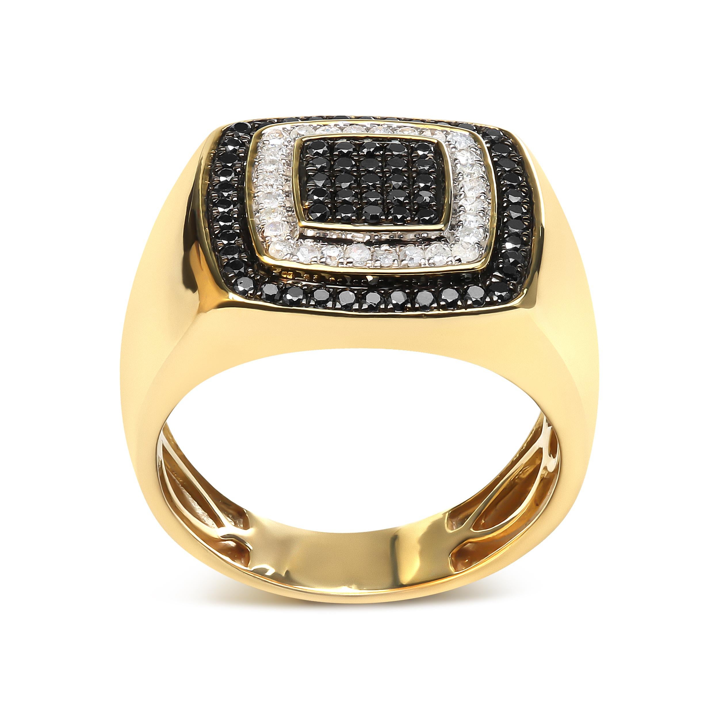 This stunning men's black and white diamond band ring is a true testament to the art of craftsmanship. Plated in 14K yellow gold, this ring boasts a unique design that highlights the 93 natural, round-cut diamonds that total 0.75 carats. The