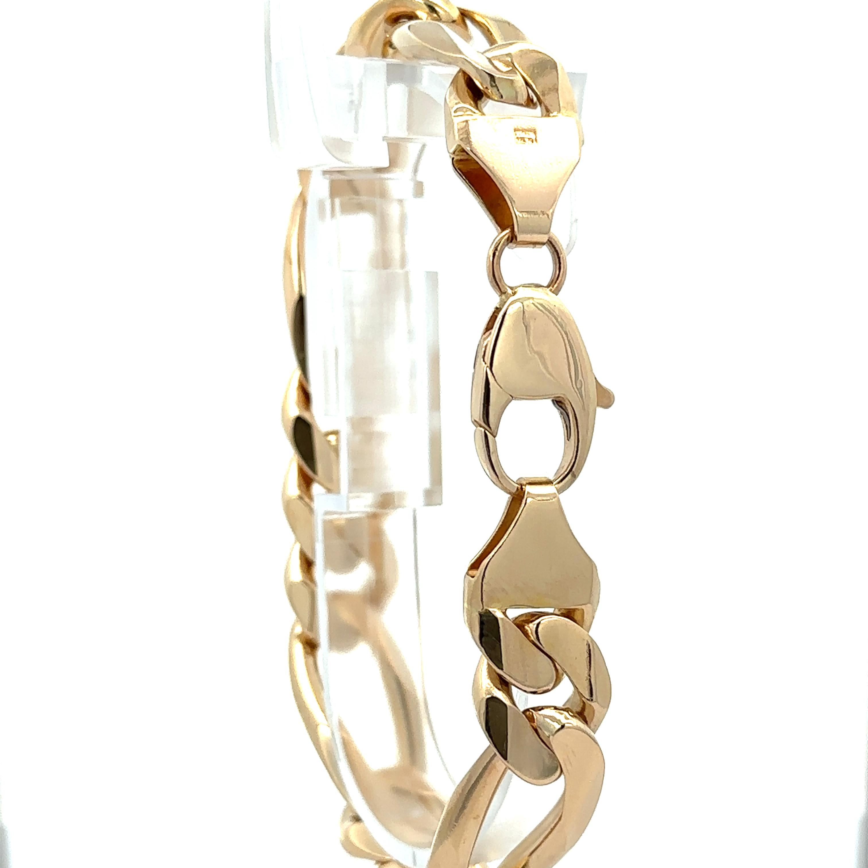 Material: Solid 14k Yellow Gold
Weight: 79.87 Grams
Type: Figaro Link
Length: Will Comfortably Fit up to a 8.5 Inch Wrist
Clasp: Large Lobster Claw Clasp
Width: 13.6mm
Thickness: 4.1mm rise off the wrist
Condition: Excellent condition!
Stock Number: