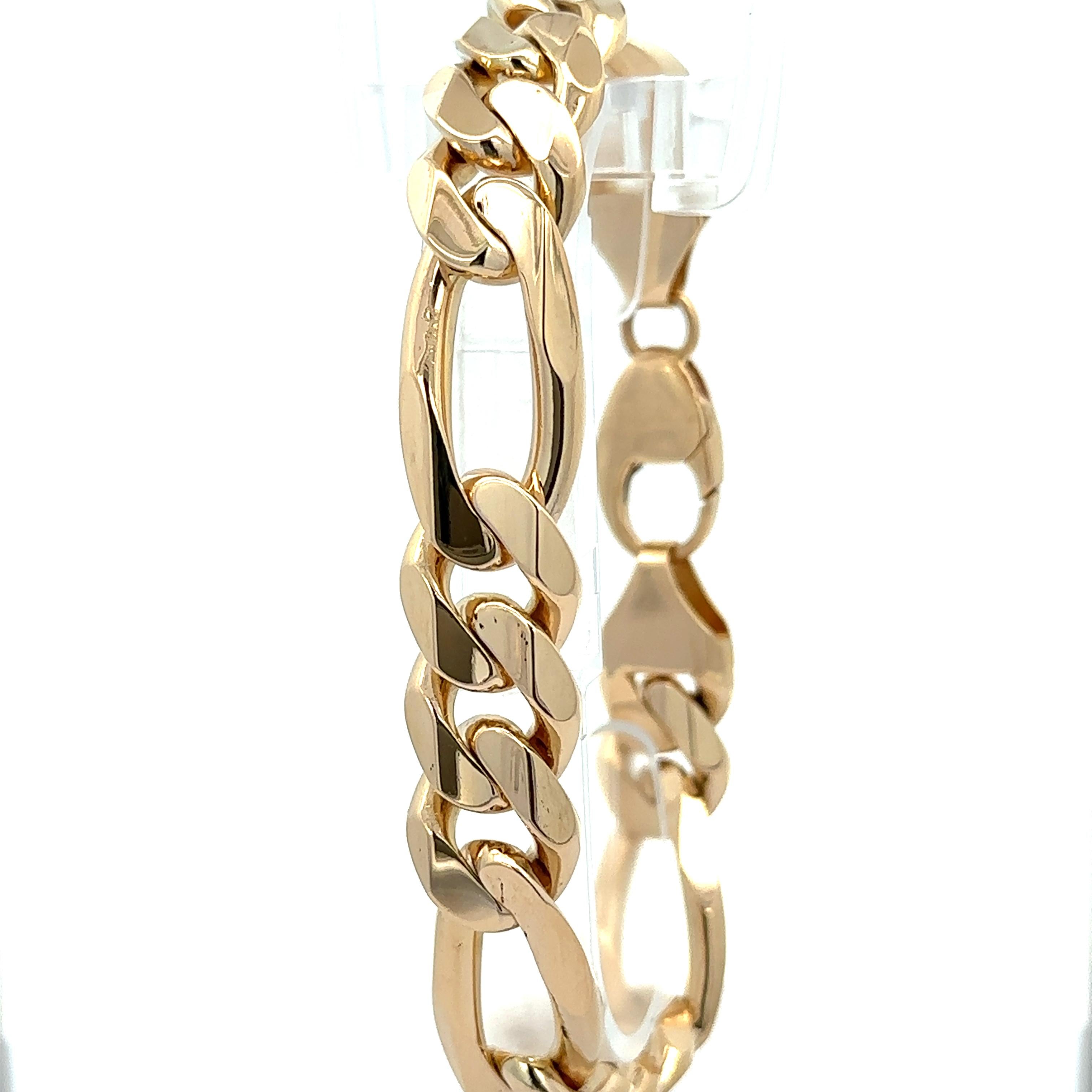 Bracelet à maillons Figaro en or jaune 14 carats poli de 13,6 mm de large pour hommes Excellent état - En vente à Montclair, NJ