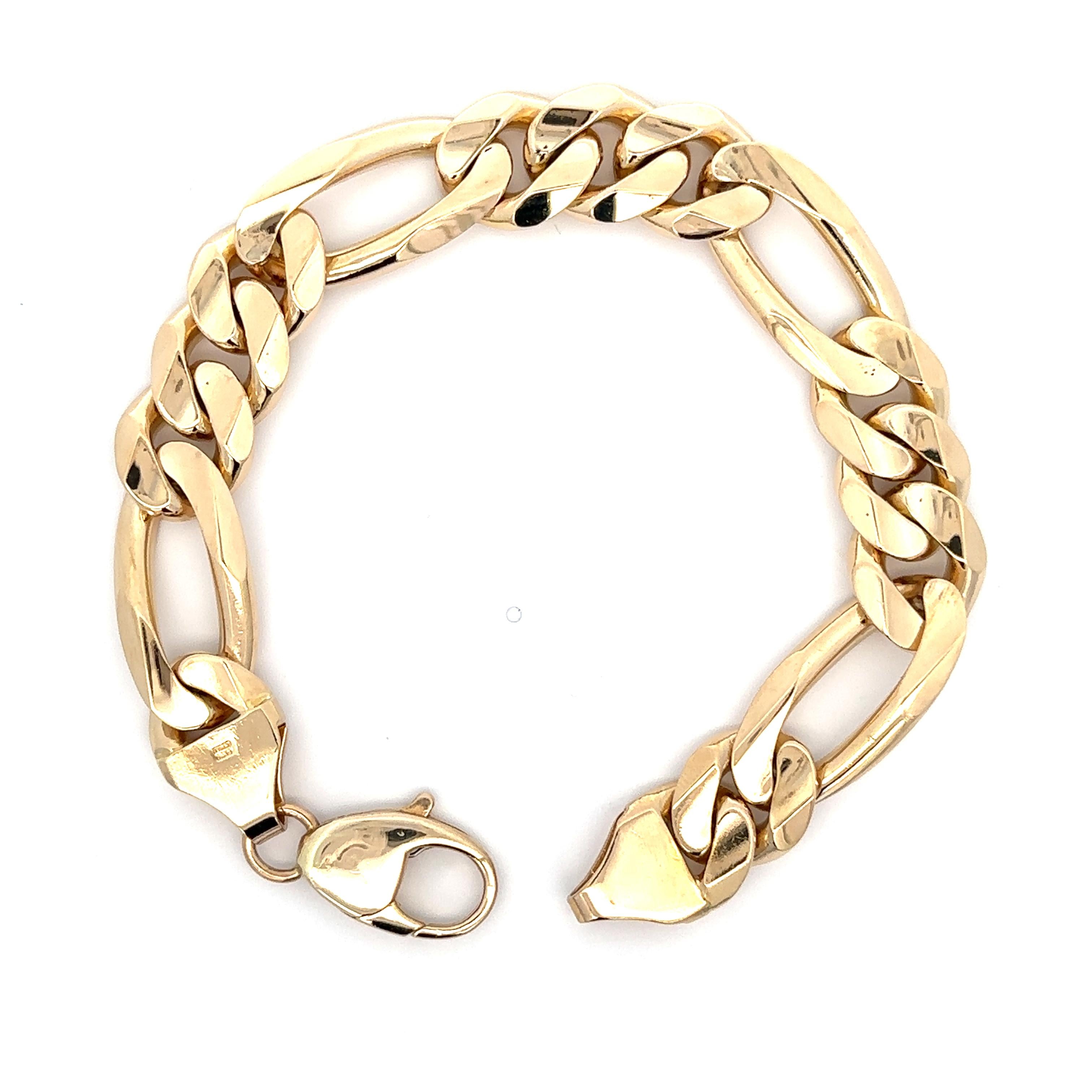 Bracelet à maillons Figaro en or jaune 14 carats poli de 13,6 mm de large pour hommes Unisexe en vente