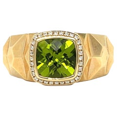 Men's 14KY Gold Checkerboard Cushion Peridot and Diamond Ring