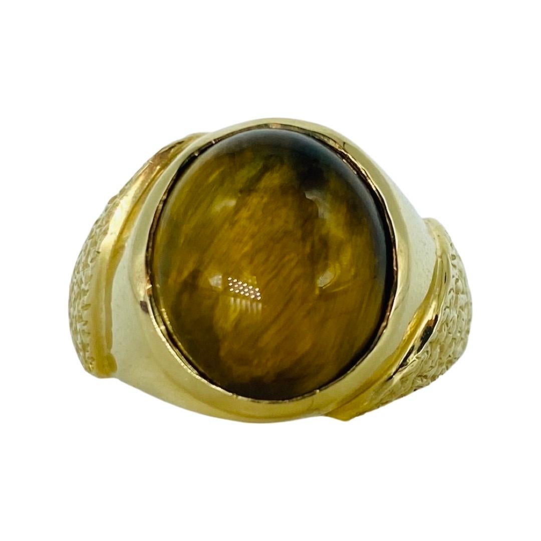 Cabochon Men's 14mm Tiger Eye Ring 14K Gold For Sale